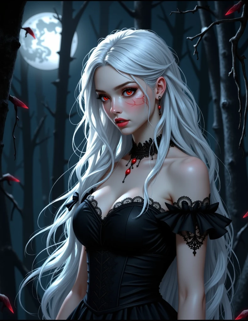 (best quality,4k,8k,high resolution,masterpiece:1.2),Super detailed,(actual,photoactual,photo-actual:1.37),gothic style,The atmosphere is gloomy,dark shadow,weird,unforgettable beauty,vampire girl,delicate eyes,Pale complexion,raven black hair,flowing long skirt,night view,foggy cemetery,flickering candlelight,Gorgeous gothic architecture,stained glass windows,Mysterious moonlight,hint of blood red,Gloomy and mysterious,Palette: deep black and rich purple,dramatic lighting,Ethereal and supernatural beings