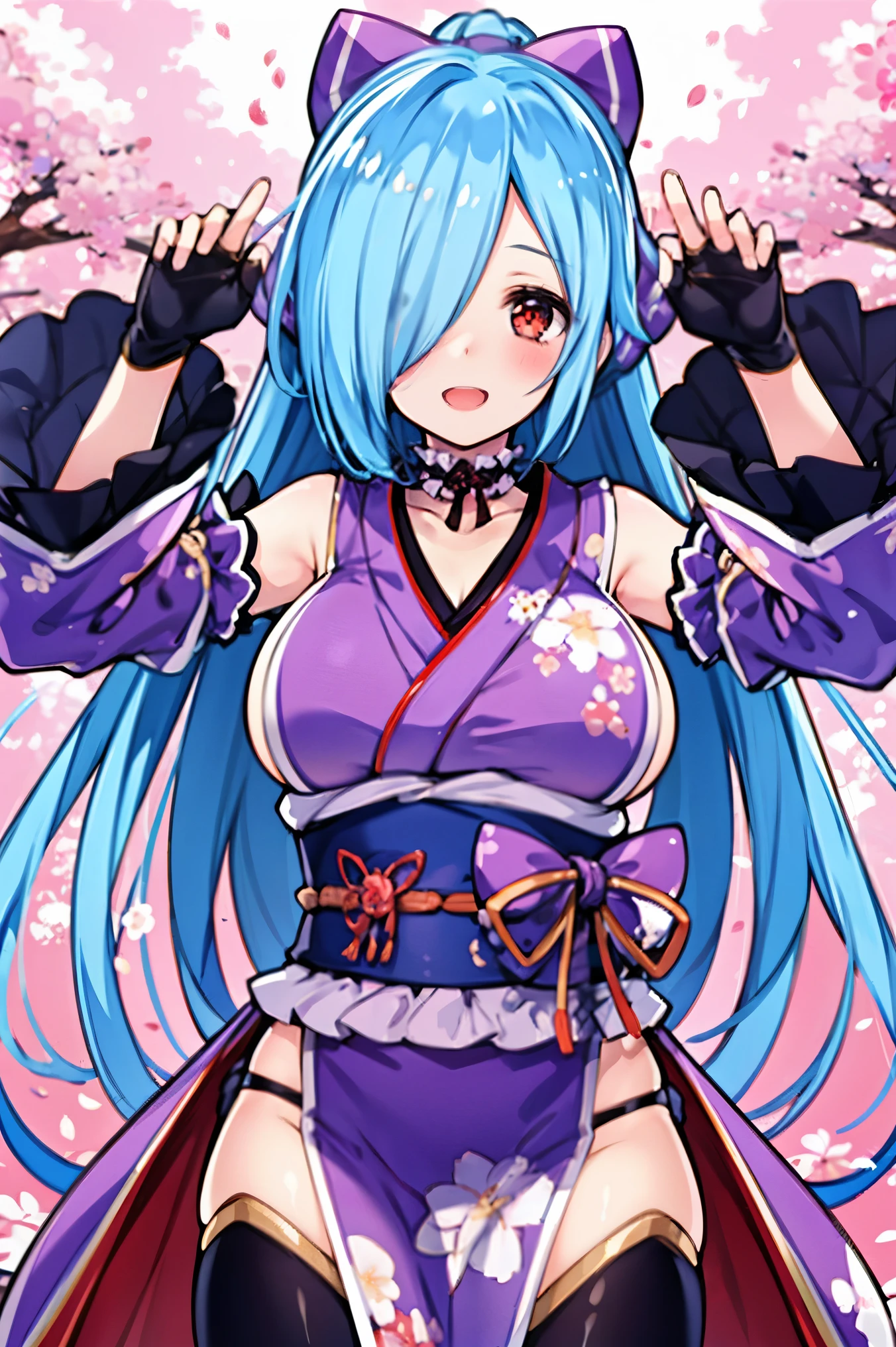 masterpiece, best quality, integrated scenery, integrated background, extremely delicate and beautiful, meticulous details, good composition, , cute face, perfect face, best quality, (1girl, solo),
yamato iori, oung_girl, virtual youtuber, solo, gloves, bow, hair bow, long hair, hair over one eye, thighhighs, blue hair, fingerless gloves, red_eyes, japanese clothes, detached sleeves, ponytail, looking at viewer, black gloves, very long hair, (heavy&soft_large_breasts:1.4), purple bow, kimono, smile, open mouth, transparent background, standing, sash, obi, purple kimono
blush,cherry blossoms,
( outdoors, forest, upper body, dynamic pose, looking at viewer, ),plump,raise_arms,long_sleeves_covered_hands,