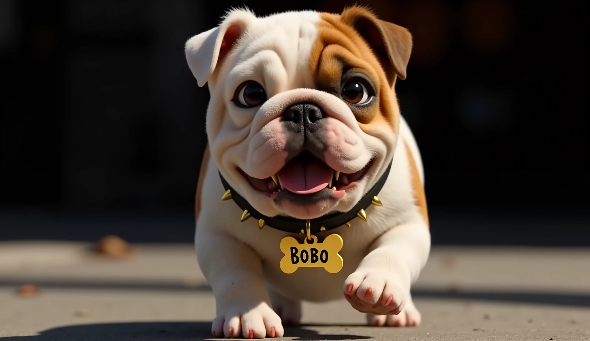 "A super cute, chubby English bulldog puppy with large, expressive eyes and a slightly wrinkled face, walking confidently down a busy city sidewalk. The puppy has a short, stocky body with soft fur and a brown-and-white coat pattern. It wears a black collar with a gold bone-shaped tag and tiny fang-like spikes. The tag has the name BOBO engraved in big black bold font. The background features deep black. Pixar-style 3D animation, ultra-detailed, cinematic lighting, Hyper-realistic, emotional atmosphere, CG film quality, 4K."