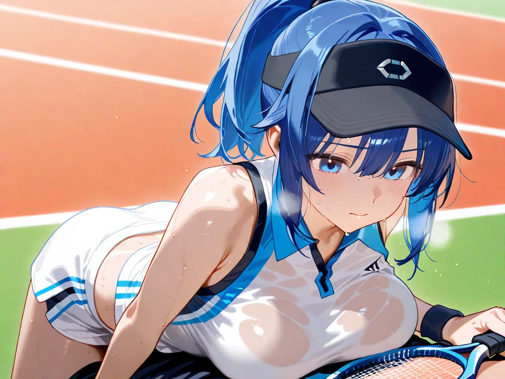 tennis girl's massive vagina out of bottomless spaghetti strap tank top out bare and wet boots spreading her legs, gloved hands hidden behind head, blindfold