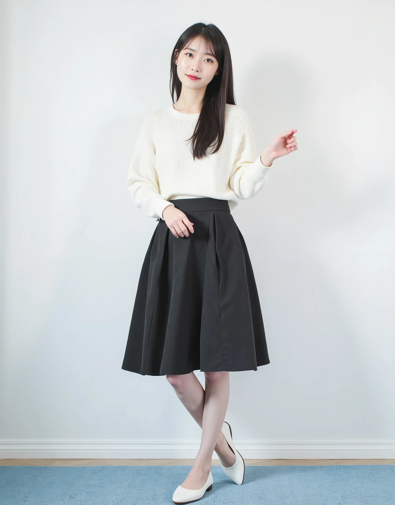 1girl, Solo, One Japanese woman of about 25 years old, black long elegant hair style, black eyes, sweater, skirt, heels, black pantyhose ,park photography, whole body, body measurement 36-25-35, 8k, , Masterpiece, Full Body Shooting, Top Quality, Fine Pore, Realistic, Photorealistic, Ultra Detailed