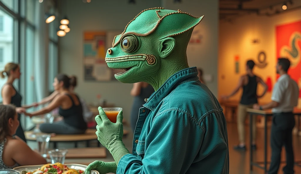 (trandoshan alien:1.2),female in a tshirt drinking tea in a restaurant,(green skin,scales:1.25)<lora:trandoshanV2:0.8>