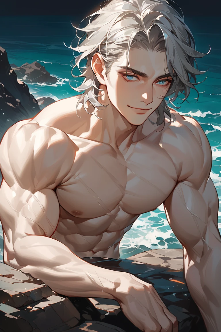 absurdres, highres, ultra detailed, HDR, master piece, best quality, detailed eyes, extremely detailed, delicated features, Alhaitham, gray hair, expressive blue eyes, Genshin Impact, solo, sexy man, handsome, sensual, erotic, toned chest, bare chest, summer, sea, beach, blue sky