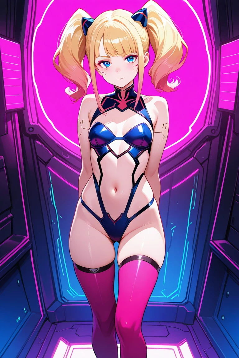 pink_mercy, 1girl, big butt, brush strokes, colored background, happy, winking, small breasts, armor, gorgeous, simple background, from the front, flaunting, flirting, blonde, twintails, wings, stripping, paladin, multiple views, front view, back view