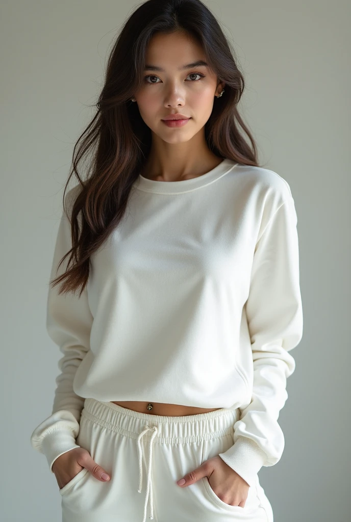 a woman wearing an oversized t-shirt and boxer briefs. She is shocked