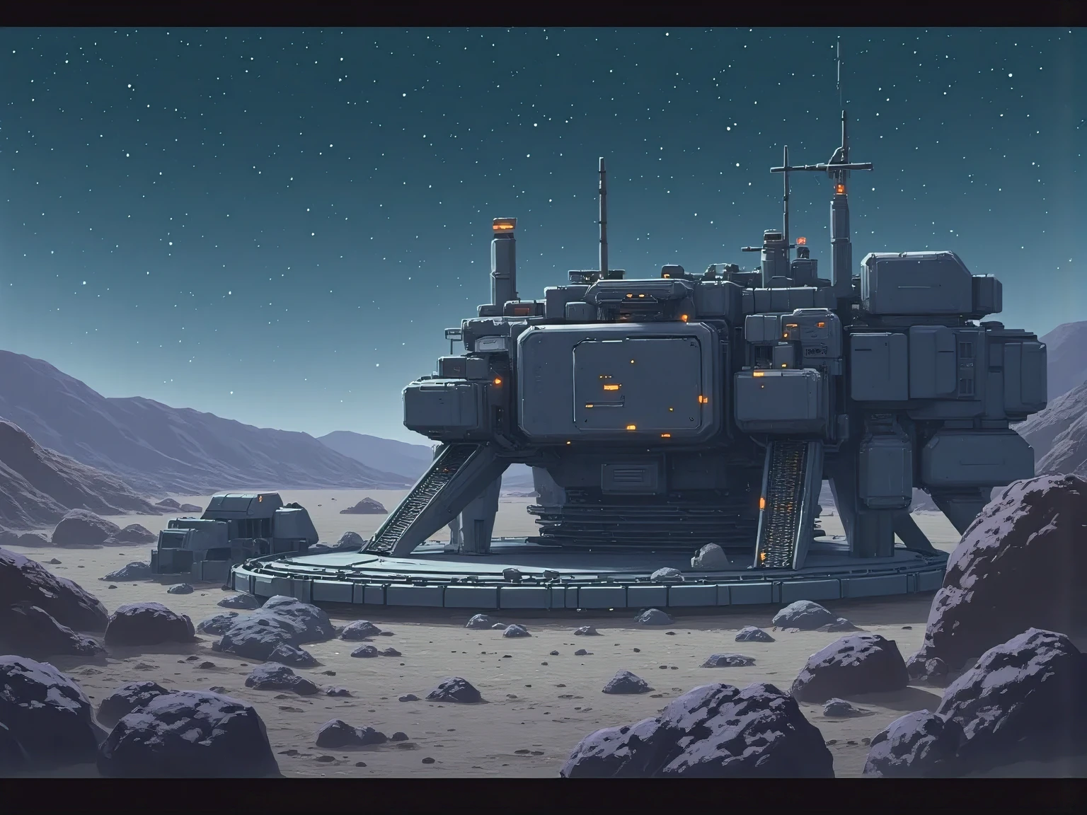 Science fiction outpost set on an barren world, in a blocky hard science fiction technical style, landing pad, starlit sky, night,