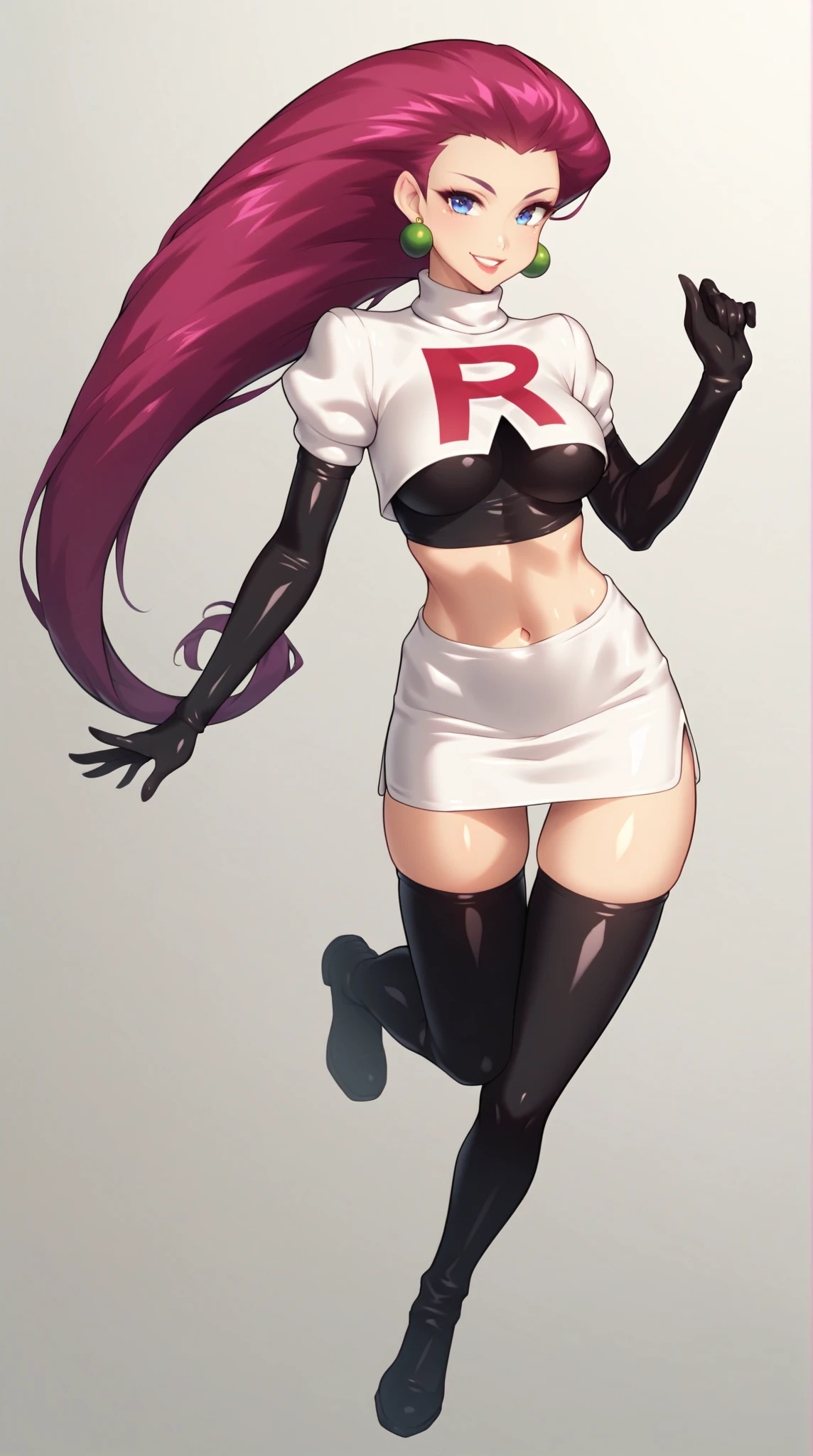 (Masterpiece), Best Quality, ultra-detailed, 1girl (jessie pokemon,Slender and sexy body, Big and pretty breasts, hair slicked back, long hair,purple hair,blue eyes , half-closed eyes), smirk, parted lips, facing viewer, looking at viewer, solo,
team rocket ,team rocket uniform ,white skirt,crop top,thighhighs,elbow gloves, in the forest, standing, Sexy waist teasing, one hand on hips