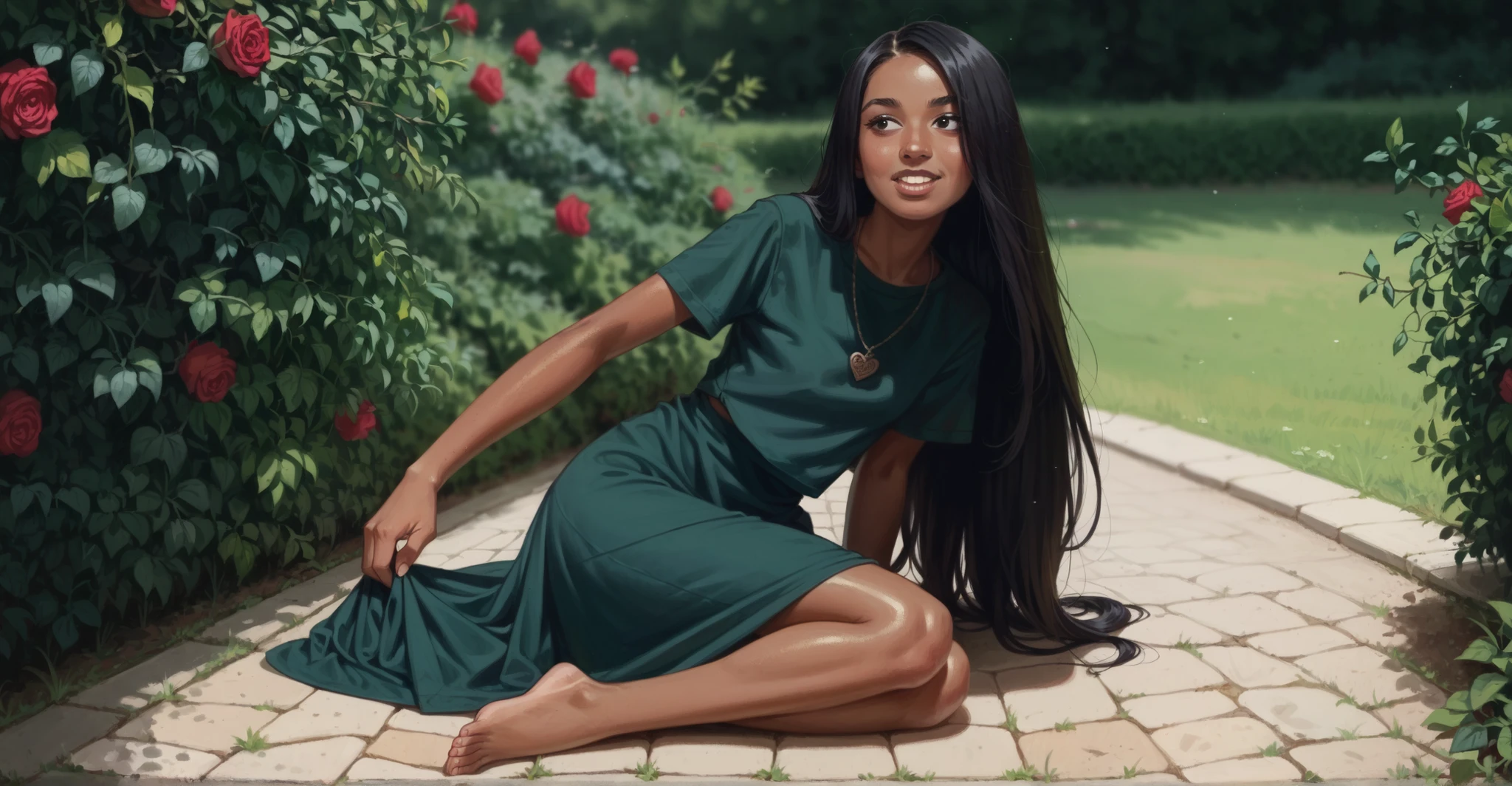 a girl in a rose garden wearing a long green dress with short sleeves, straight black hair, long hair, round chin, snub nose, black eyes, BROWN LIPS, sorriso, boca aberta, perfect teeth, sardas, shiny skin, medium bikini, perfect feet, bare feet