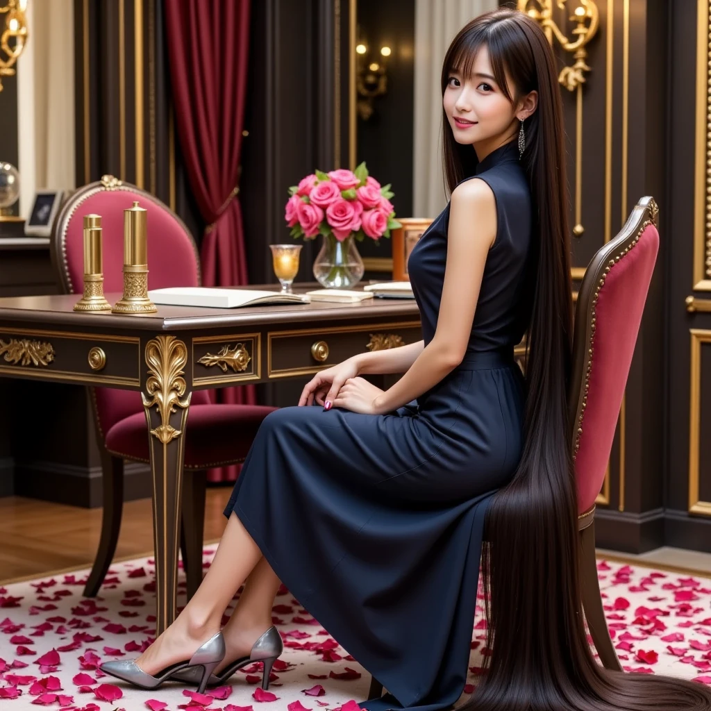 （top quality、top quality、 highest resolution 、 Super Real Photos、full body image、masterpiece、16ｋ、） her hair is longer than her height！She's a beautiful woman with very long hair。 beautiful hair 。 Wakai Female。she is 23 years old。  her hair is about 10 meters long  。Her hair is much longer than her own height.。 most beautiful face in the world 。 A very beautiful face with clear eyes and nose 。 the longest hair in the world 。 World Long Hair Contest Winner 。She's a world long hair champion。 The length of her hair is amazing 。A beautiful woman with a lot of hair  。 hair longer than Rapunzel 。 describes all of her long hair 。 extra long straight hair 。smile。depicting every tip of her hair 。彼女の驚くほど長くてbeautiful hairを全て描写する。she is sitting at her luxurious study desk、stroking her very long hair。 Much of her very long hair is flowing down the floor。My den is filled with her hair。The study is full of red, blue, and white rose petals。The desk is filled with jewels such as diamonds and rubies and it's gorgeous。Terribly shiny hair。The finest study。a den filled with gold and silver treasures。she is proud of her long hair。straight black hair。The location is a gorgeous study studded with jewels。, a woman with beautiful proportions。Super long black hair。straight black hair。