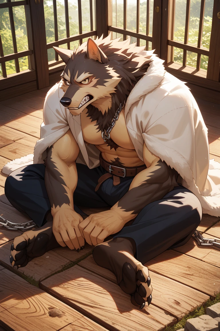 A wolf sitting on a ledge in the water, commission for high res, topless, SFW, anthropomorphic, extra detailed body, detailed body, Best quality, masterpiece, ultra high res,detailed background,realistic, real shadow and light,depth of field, (looking at viewer), details skin, angry face, Sexybody, Sixpack, muscular, hunky, autumn, sweaty, sweat body, Fundoshi only, at night time, moon, outdoor onsen.