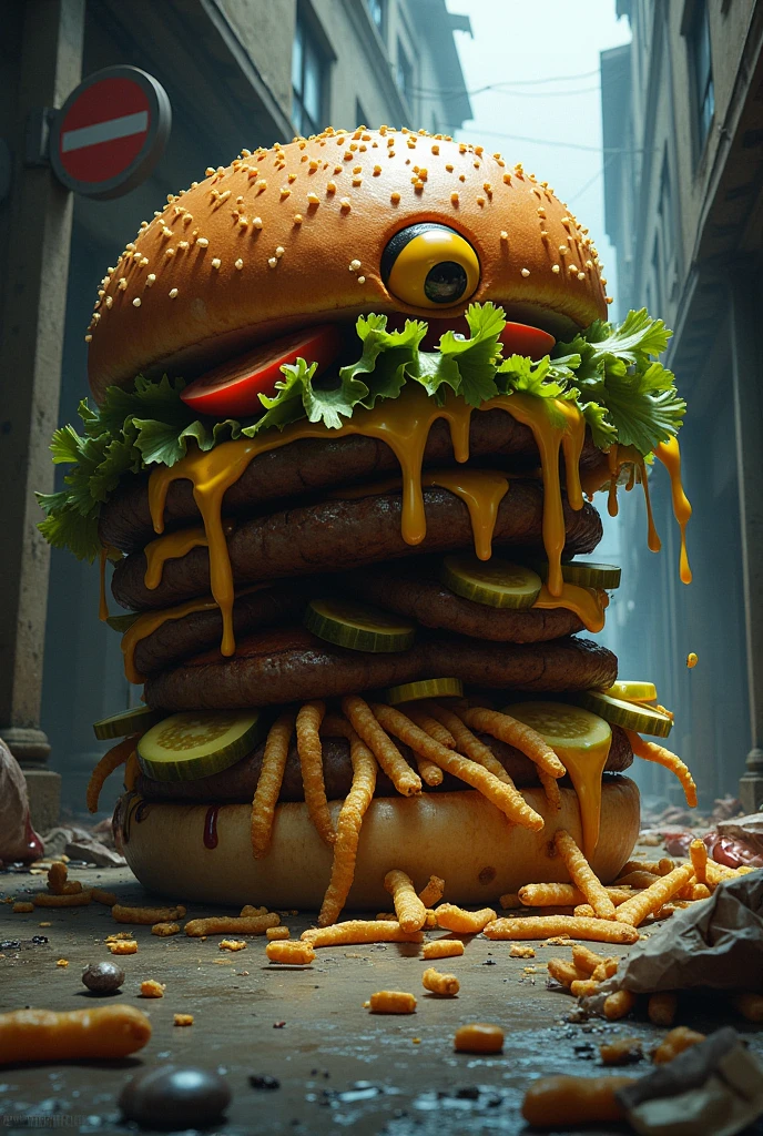 an evil giant burger monster with onion eyes is attacking the city at night. buildings are exploding, covered with salad. Burgers, salad and beef flying through the air. <lora:cinematic explosion style:1> cinematic explosion style. <lora:RMSDXL_Darkness_Cinema:1> <lora:sd_xl_dpo_lora_v1:1>, <lora:LCM_LoRA_Weights:1>
