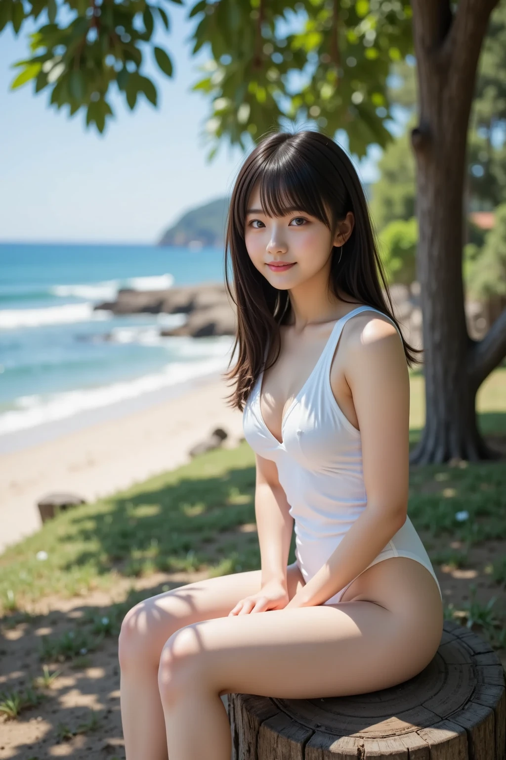 Smile、night、original photography、(((ultimate beauty portrait)))、((sparkling skin))、((masterpiece、top quality、Super detailed、movie light、intricate details、high resolution、Very detailed))、8 kood、digital SLR、soft light、high quality、film grain、富士XT3 、shallow view deep、natural soft light、Kamimei、on the table, Boutiques, illustration, Super detailed, beautiful, high resolution, 8k wallpaper, Perfect dynamic composition, Beautiful and delicate eyes, full Body photography showing your whole Body, collared shirt, long hair, Bold sexy pose , Smile, Harajuku, 20 year old girl, large size: 1.5, Body, side view、Holding a bouquet of flowers、sentado na praia、Above the legs、from below