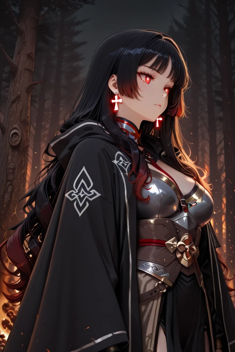 chthonic art, Terror atmosphere, work of art, (monster girl), (pale skin), (spider legs on head), Crystal clear red eyes, long straight black hair collected, golden helmet with red inserts, Black and gray cloth armor with red accents, short cloak, chronically abandoned world, gigantic chthonic abandoned medieval buildings, grey sky, cloudy sky, rare trees, gray desert, Terror atmosphere, (presence of something terrible), highly detailed background, Perfect Anatomia
