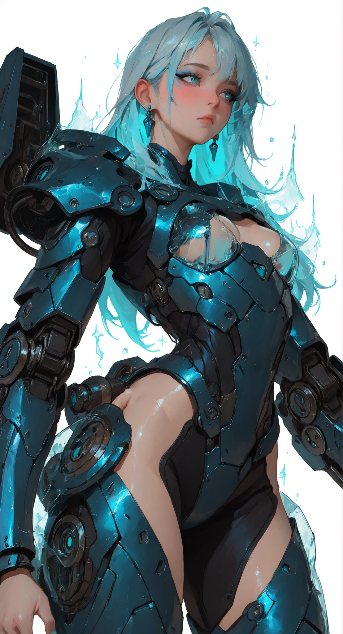 (masterpiece:1.2), (best quality), super detailed, [cowboy shot], Adorable and attractive, female, long hair, white background, glass hair, blue highlights, shiny skin, glass earrings, simple background, turquoise eyes, detailed beautiful eyes, small breasts, standing, blushing, solo, blue nails, blue metallic textures, plastic, glossy, glass armor, blue eyeliner, bratty, silver aura, aura, external armor, (powered heavy armor), (mechanical armor), mechanical glass armor, blue trim, intricate details, industrial mechanical details, armor plating, chest armor, (geometric armor), atompunk, (railgun), futuristic, industrial, (transparent glass armor),
Action pose, combat,