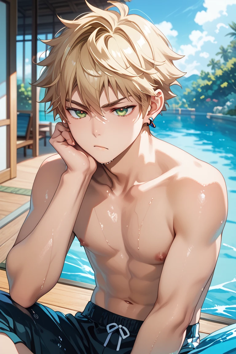 muscular young man Short Hair Completely naked Daytime pool The penis is erect Fair skin Pink nipples