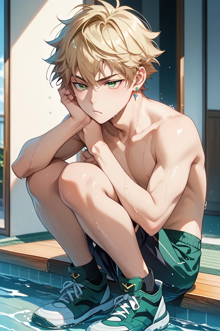 (masterpiece, highest quality, super detailed) , ,(Three boys:1.8),), (Poolside:1.4), ) ,many men, , short hair, , (swimsuit:1.3), , , landscape, リアルなswimsuit, (anime:1.2), (swollen crotch:1.5), Topless, (shota:1.5) , , standing posture, trunks, full body, yellow eyes,blue hair, barefoot,