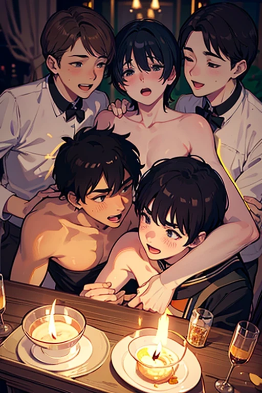 Nudist girl in dead heat、A lot of close elementary school boys hugging each other、surround each other's face、(((Laughter and joy)))、in group photograph、Group Selfies、In the tent at night、from side