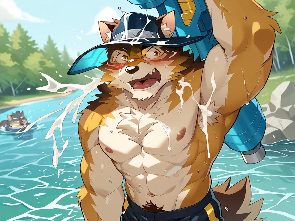 **author:** Takemoto Arashi
**Description:**
A muscular furry wolf, portrayed with exquisite details, combining strength and appeal in a high-resolution masterpiece. His hot, muscular body stands out in a police uniform that accentuates his impressive pecs and powerful build.. His brown eyes, intensely detailed, and his defined eyebrows, They add a touch of sensuality and mystery to your expression. This attractive boy, with an air of authority and seduction, It is set in an urban setting, Against the backdrop of the city, capturing the essence of metropolitan life. the picture, and 4k, focuses on highlighting every muscle and shadow, achieving impeccable quality and definition.