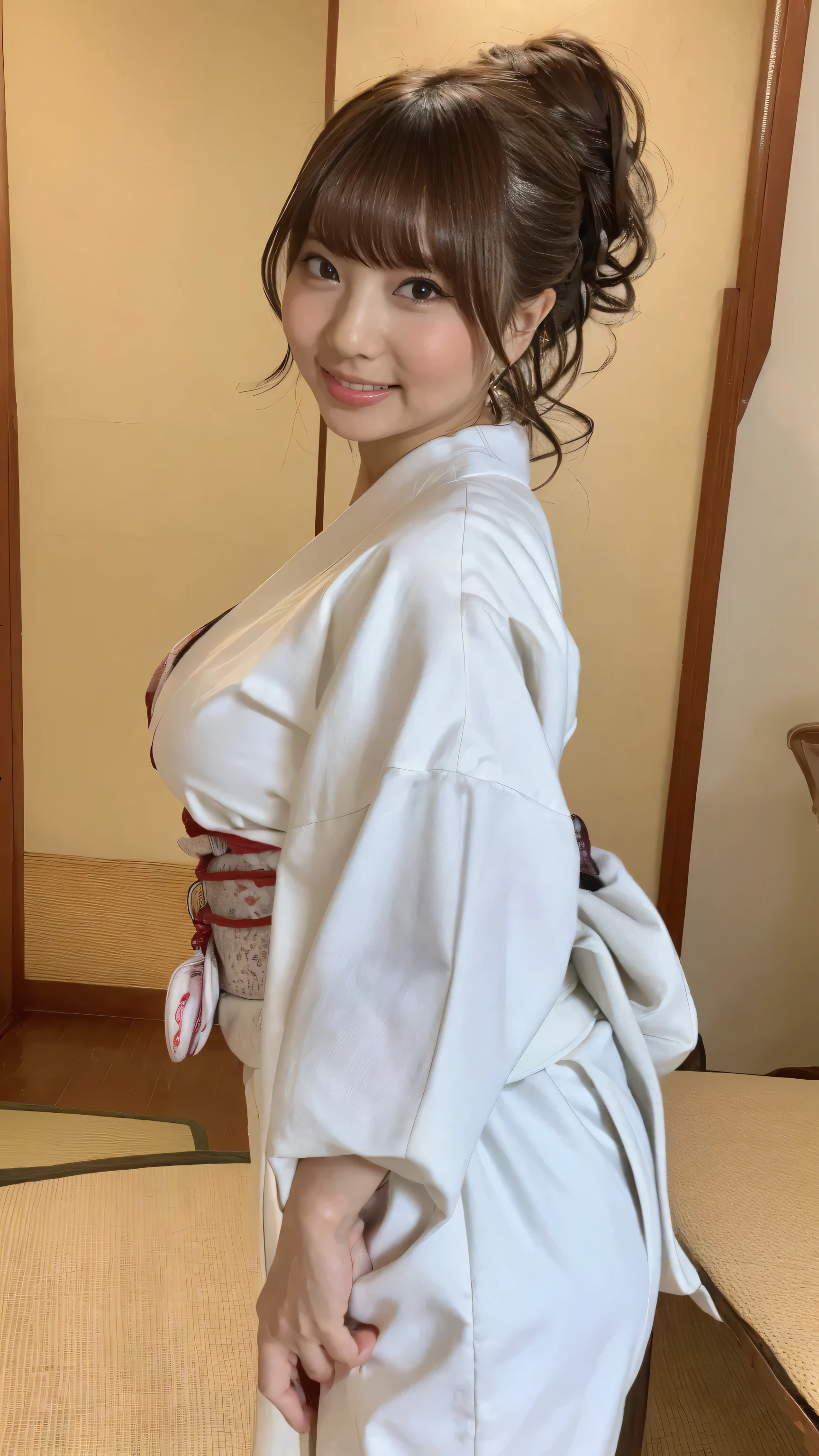 Best Quality, OFFICIAL ART, Unity 8K Wallpaper , Super detailed, beautiful、 (Best Quality,8K quality,masterpiece:1.3),( super high definition, photorealistic:1.4, RAW photos from the last century),(Super detailed,caustics, detailed background),(Ultra Realistic Capture , Beautiful and delicate skin ,perfect anatomy),(( detail eyes)), (( very detailed)), Professional Lighting,photo realistic and cinematic, the beautiful Japanese married women、35yo、bouffant hair、豊かな髪,盛り髪、looking at viewer、front view、absurdly gigantic breasts,absurdly saggy breasts:、BBW、curvy body、(前髪ぱっつん)、indoors、leggy、wide hips、thick thighs、women standing、温泉旅館、white yukata、kimono、ryokan、little smile