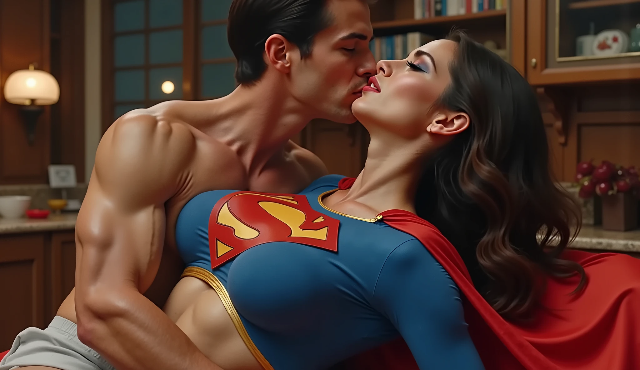 (The 8k quality, Ultra-high resolution quality, Ultra high definition, Photorealistic, Best Quality):6.0, (master piece):5.5, (NSFW, 1 mam dressed as superman, 1 thin woman, hetero):2.2, (intercourse with man, vaginal penis):3.0, (sex from behind, standingdoggy, A man grabbing woman's breasts violently from her behind, Abdomen swells in the shape of a penis due to the insertion of a huge penis):4.5, (flowing out squirt from her crotch):2.1, (1 woman standing with leaning forward largely, opening legs largely):2.2, (orgasm expression, screaming, feeling extacy, closed eyes):1.6, (Camera angle from oblique):1.7, (no panties):1.3, (completely absent-minded Bewitching Gal Gadot, extreme sweaty skin):1.2, (Inside the divine castle):1.1,