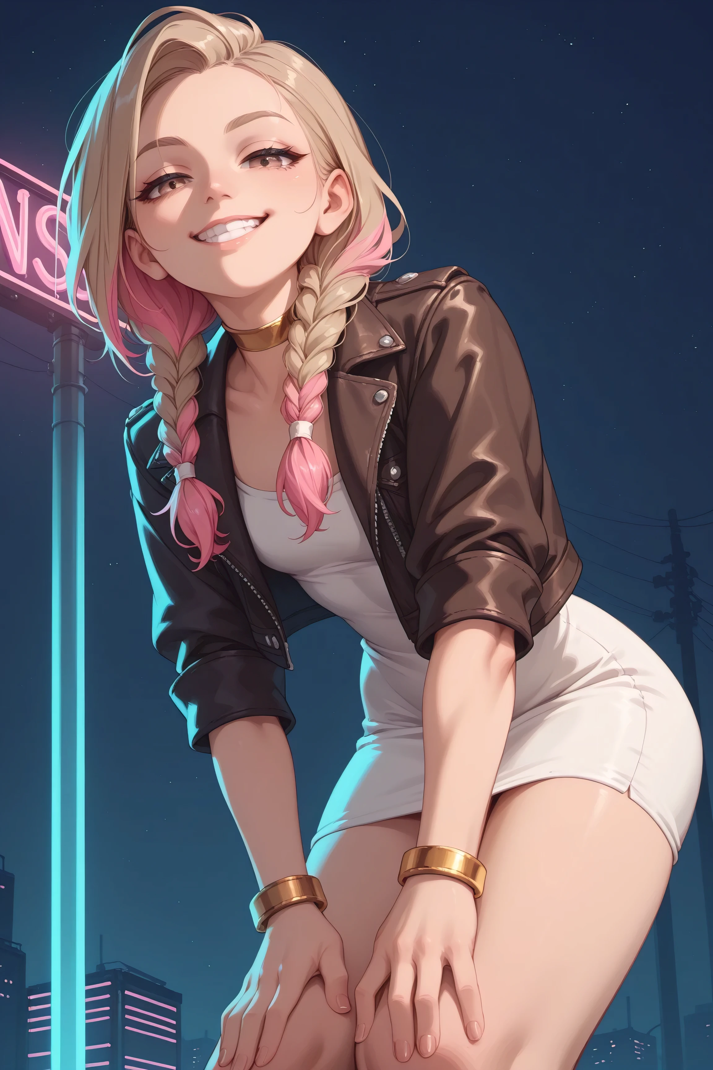 girl, solo, portrait, neon lights, gloomy atmosphere, white silk minidress, light brown eyes, half-closed eyes, pink dyed hair, blonde hair, long braided plait, looking at viewer, smile, athletic body, perfect teeth, face detail emphasis, low angle, stands slightly bent over with hands on knees, open leather jacket, golden choker, golden bracelets, dark dystopian city, night time