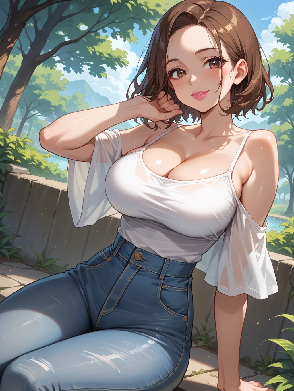 (best quality:1.5, highres, UHD, 4K, detailed lighting, shaders), brown ponytail, breasts, white t-shirt, belly, necklace, earrings, cleavage, jean shorts, thighs, sexy, erotic, lewd, (pov, close shot), smiling, sitting on bench, park background