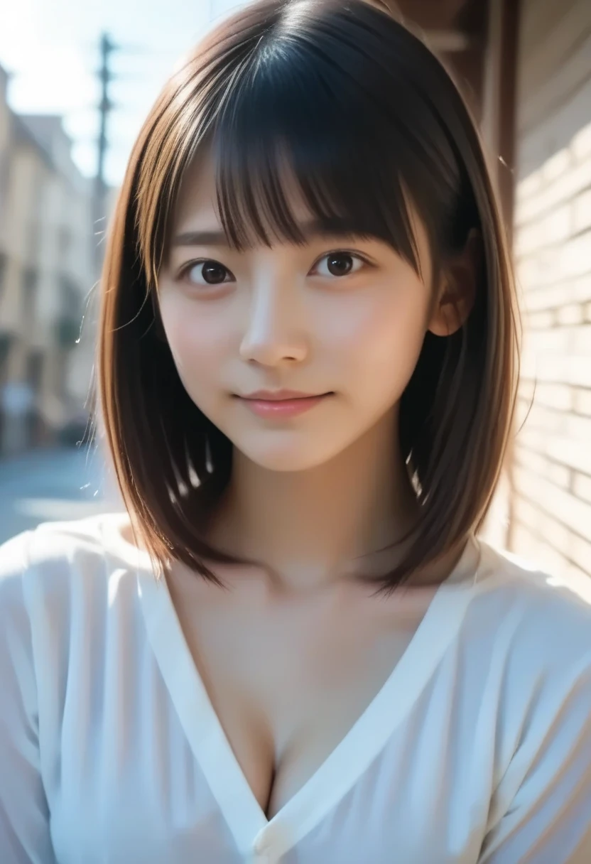 masterpiece, top-quality, 8K, hoang lap, (upper part of body:1.4), white  shirt, beautiful one girl, Clean face, looking at viewert, A smile, Surreal, A high resolution, photore, Film Particle, color difference, tack sharp focus, north african free trade area, face lamp, 动态照明, 电影灯光, Professional shadows, The most detailed, The is very detailed, ultra - detailed, finely detailled, Genuine skin, exquisite facial features, detailed faces and eyes, Sharp pupils、realistic student、(korean people、japanes、chineseidol:0.3),vests、With smiling eyes、Mole on the chest