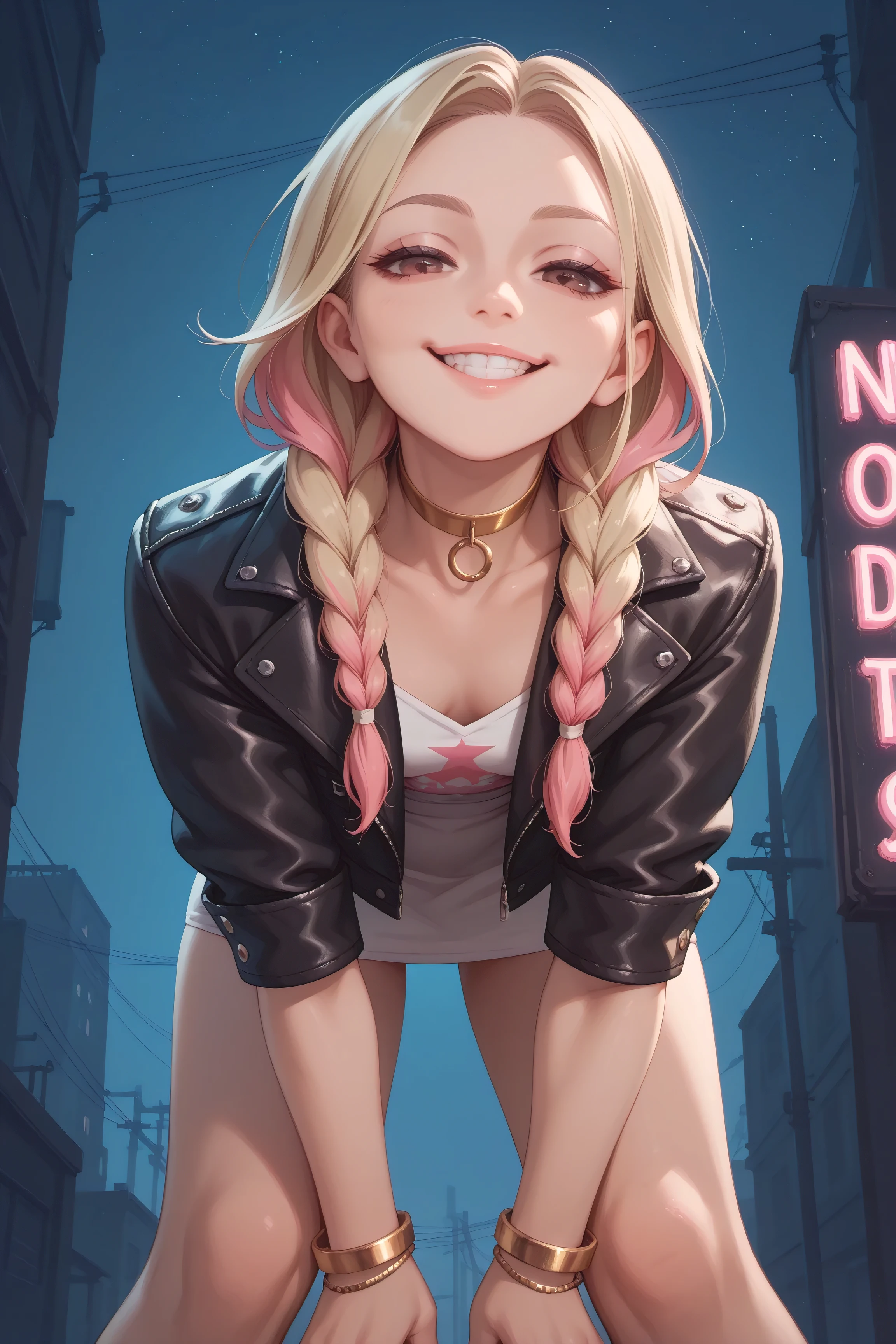 girl, solo, portrait, neon lights, white silk minidress, brown eyes, half-closed eyes, pink dyed hair, blonde hair, long braided plait, looking at viewer, smile, athletic body, perfect teeth, face detail emphasis, low angle, stands slightly bent over with hands on knees, open leather jacket, golden choker, golden bracelets, dark dystopian city, night time, gloomy atmosphere
