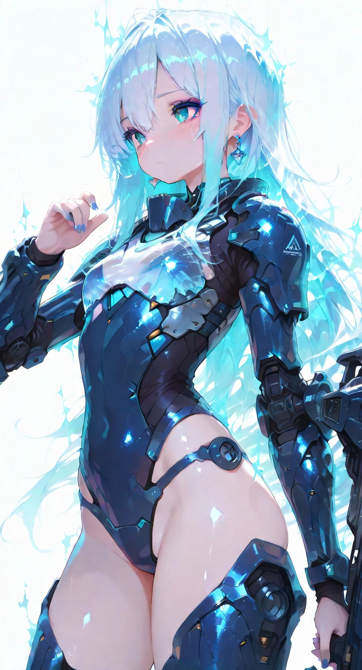 1 Girl, ,Small Breasts, whole body,Black tights,Exposed underwear,Cyberpunk,(((Lace glove on right arm)))、blue eyes,(((Silver hair))),Zhongfa,(Hair covering one eye)、Sexy,Charm,