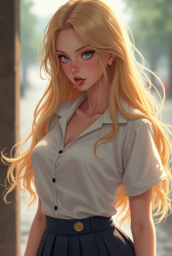 A young Korean woman with long blonde hair, dressed in a One Piece anime blouse. she has big breasts.