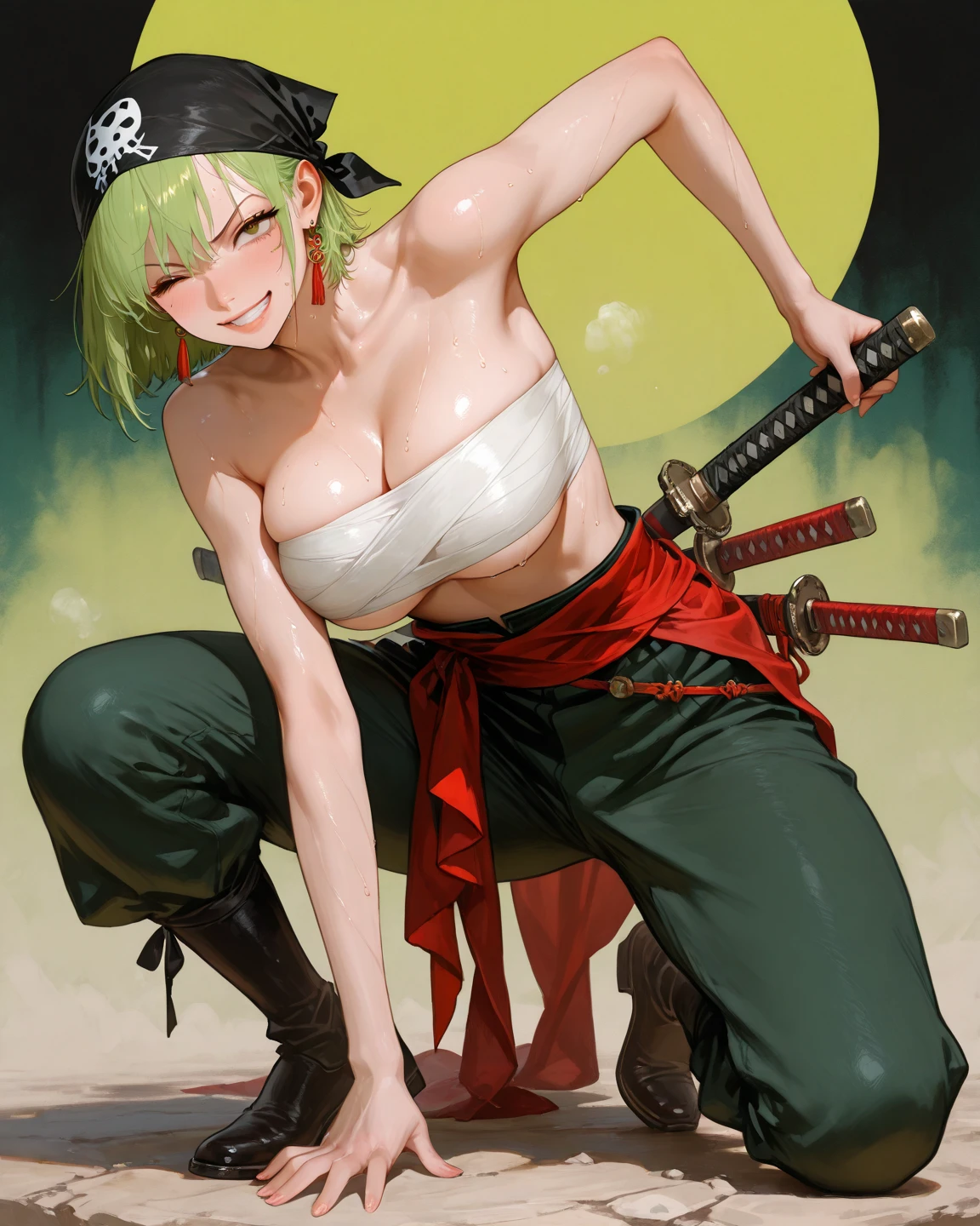 (obra prima: 1.5,melhor qualidade: 1.5) , (Roronoa Zoro female version) , mulher de cabelo verde curto, 3 espadas na centura, cinto para colocar as espadas, Trunkless loops, bandages like bra, defined belly of muscles, Perfect body defined and aesthetic, corpo Deusa grega, olhar seduzente, Perfect body proportions, coxas lindas, thigh abduction, corpo sexy e belo, rosto bonito, beleza aparente, Stretch out, medium boobs, olhando para o espectador