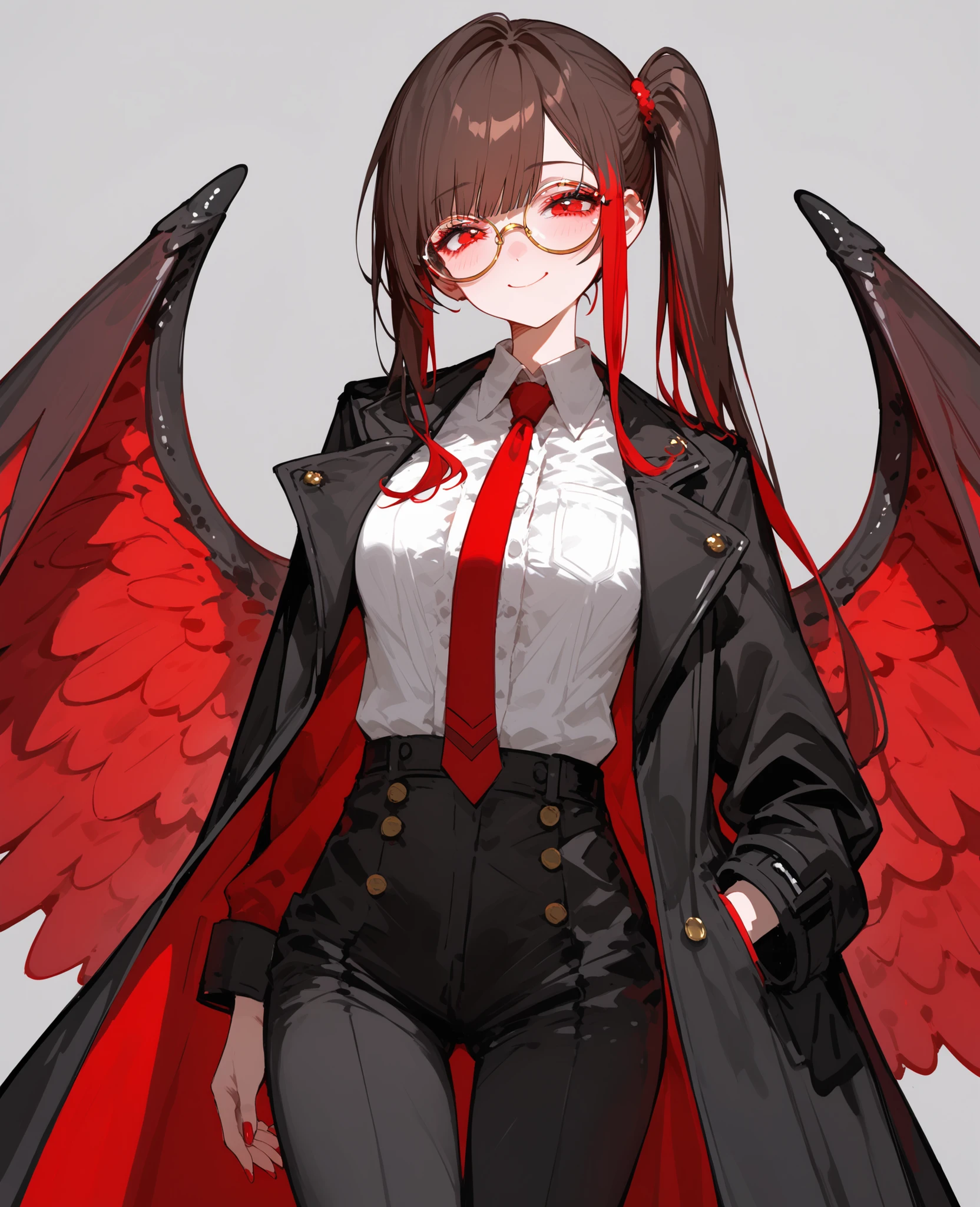 girl,Dark Brown Hair,in red eyes,red hair , two tone hair,big-breasted dress,side ponytail,Fierce face,smile,Red Black Coat,White Shirt,Buttonhole Shirt,miniskirt,black trousers,Long Tie,cute,slim,cute,Shy,with long wings on the back,Long Polished Coat,, green, gray background, huge wings ,,milf,Put on clear round glasses,