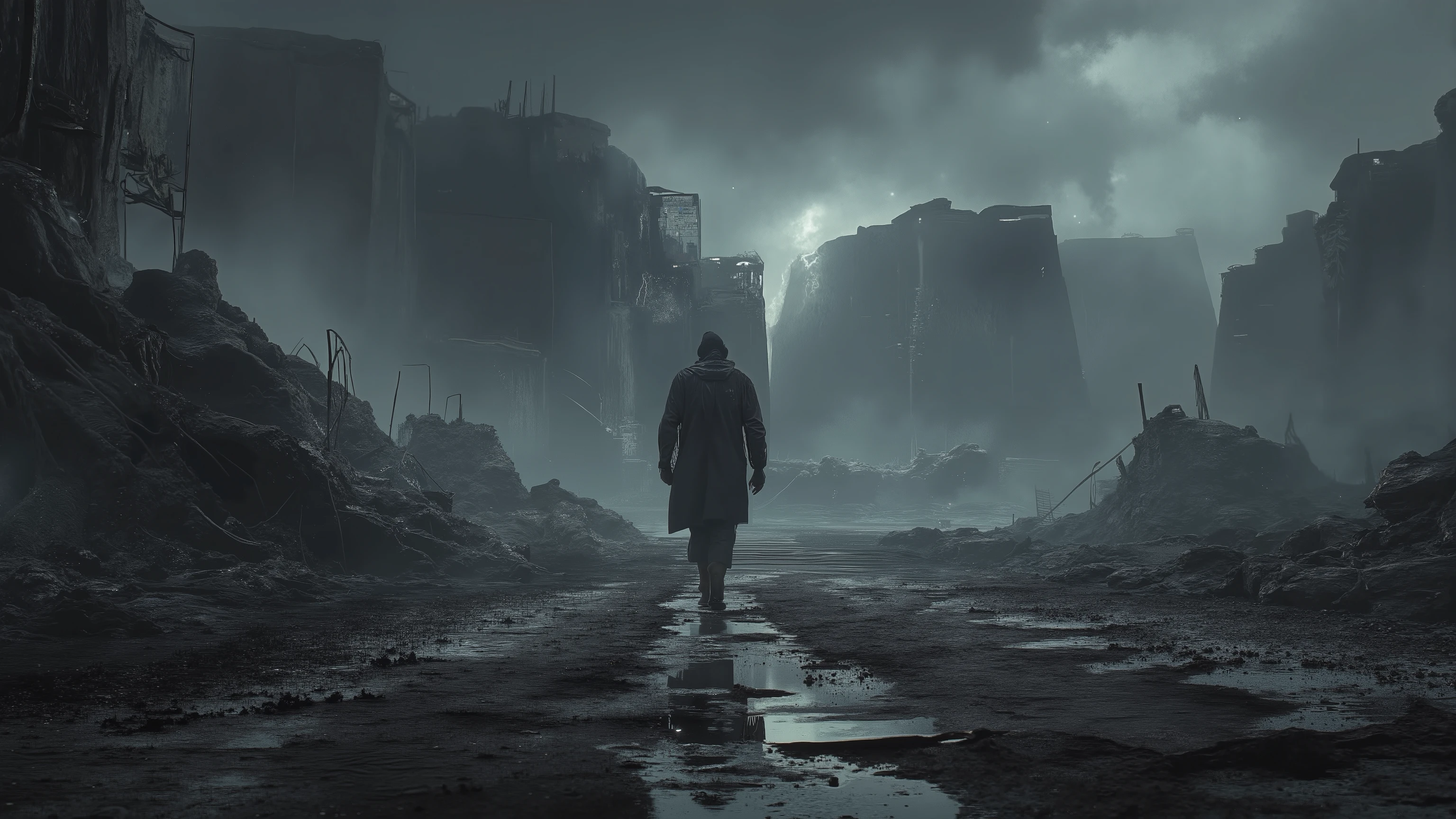 Extra wide shot, dutch angle, down shot, photorealistic, french, OBtaozhuang, Man walking across a barren wasteland on the left side of the photo, destroyed machinery scattered across ground, ruined city in the distance, blackened sky, dark, foreboding, black soot on everything, lightning storm, lonely