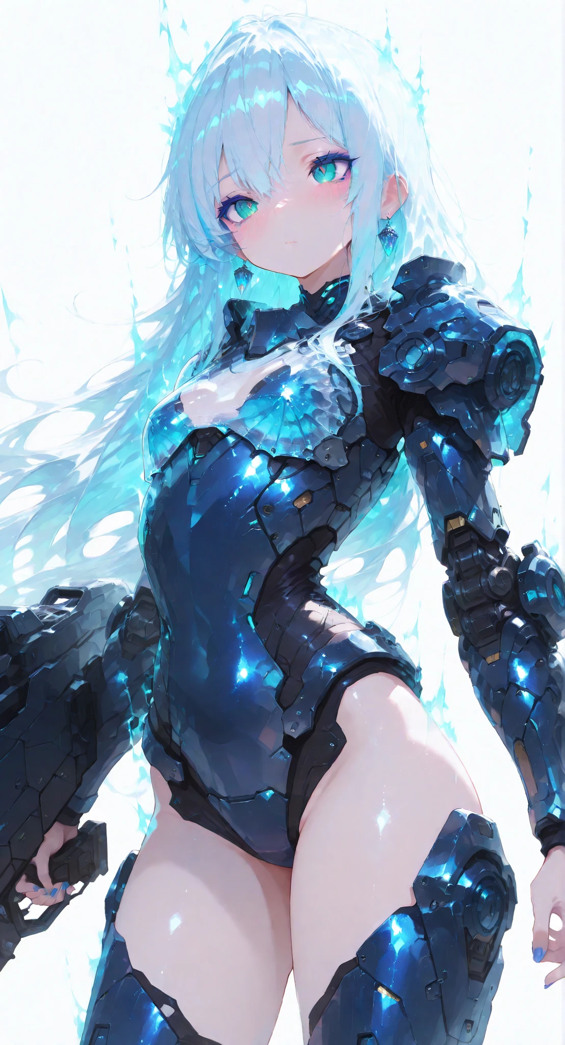 (masterpiece:1.2), (best quality), super detailed, [cowboy shot], Adorable and attractive, female, long hair, white background, glass hair, blue highlights, shiny skin, glass earrings, simple background, turquoise eyes, detailed beautiful eyes, small breasts, standing, blushing, solo, blue nails, blue metallic textures, plastic, glossy, glass armor, blue eyeliner, bratty, silver aura, aura, external armor, (powered heavy armor), (mechanical armor), mechanical glass armor, blue trim, intricate details, industrial mechanical details, armor plating, glass chest armor, (geometric armor), (railgun), futuristic, industrial, (transparent glass armor),
Action pose, combat, pearlescent, 