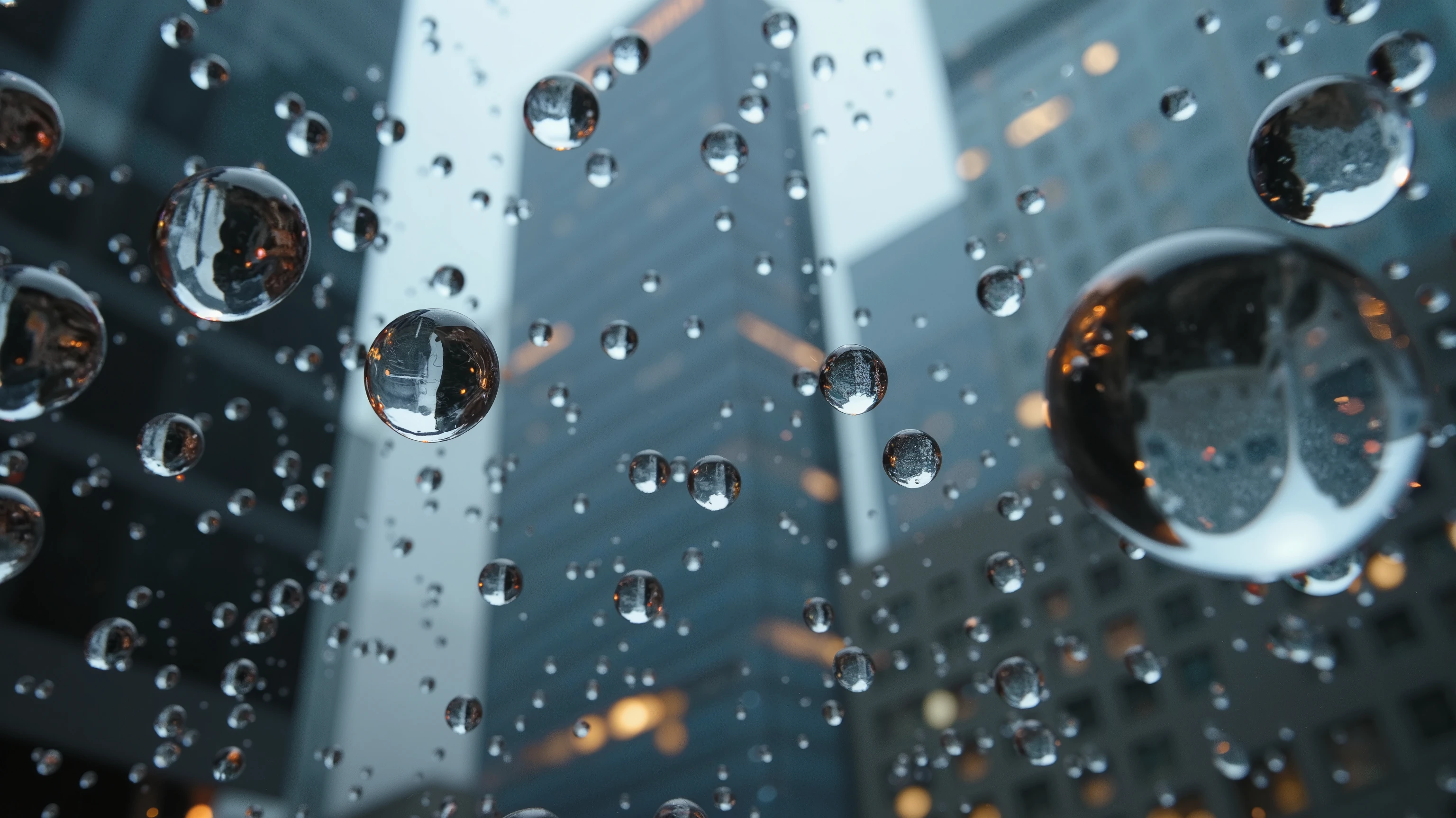 A photograph looking up at the sky. Many raindrops are falling. Focus on the raindrops. Each raindrop has a beautiful reflection of the cityscape. Super close up on the raindrops. outdoors, cityscape, ray tracing, UHD, HDR, 16k, DSLR, cinematic, photorealistic, masterpiece, award-winning.