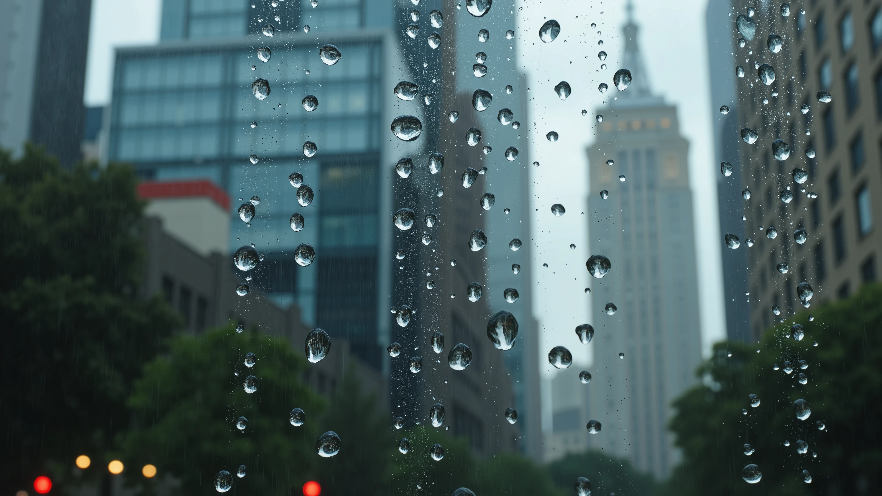 A photograph looking up at the sky. Many raindrops are falling. Focus on the raindrops. Each raindrop has a beautiful reflection of the cityscape. Super close up on the raindrops. outdoors, cityscape, ray tracing, UHD, HDR, 16k, DSLR, cinematic, photorealistic, masterpiece, award-winning.