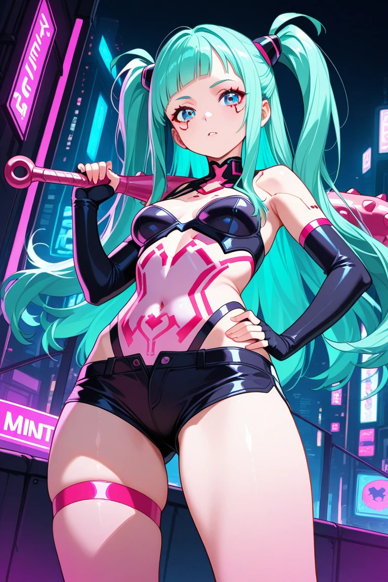 anime girl,club, 2 piece neon blue bikini, headphones,night beach party,dancing,smiling,(best quality:1.2),(ultra-detailed:1.2),(realistic:1.37),HDR,vivid colors,portraits,headphone girl,energetic pose,colorful lights,stage set,joyful expression ,anime style, atmosphere,techno music,electronic dance music,festival vibes,hip hop beats,festival outfit,expressive eyes,long hairstyle with vibrant green and red color hair, gold eyes, elaborate makeup neon lights,beaming smile,positive vibes,high-energy performance,stylized backgrounds,colorful visuals,excitement in the air, mid body portrait, back turned