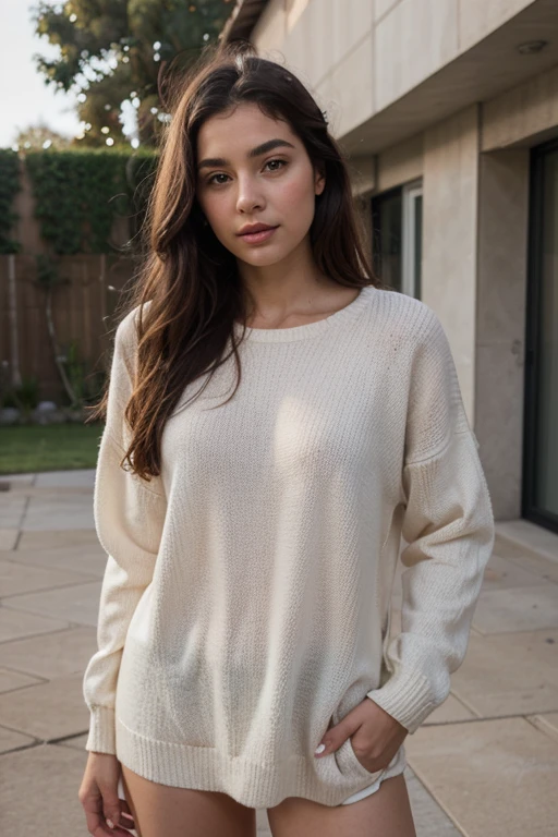 ((best quality)), ((masterpiece)), (detailed)  latina woman in a White sweater and jeans standing on a sidewalk, White sweater, wearing a White sweater, wearing sweater, wearing a casual sweater, wearing a sweater, wearing a sweater de gran tamaño, close angle, Bottom angle, standing on a city street, casual clothes, complete cinematographic shot, casual clothes, detailed white, sandy beige, standing in the center of the city