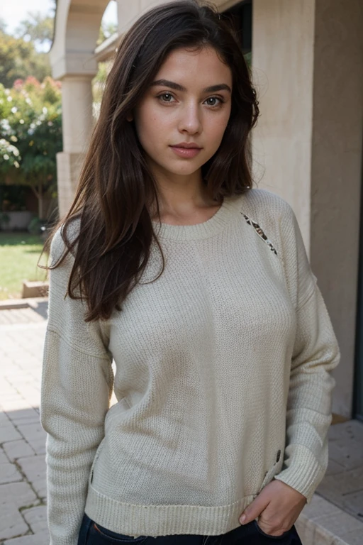 a woman, best quality, hazel eyes, middle part long brown, torso head picture, big breasts, wearing a grey sweatshirt, nikon d850 film stock photograph 4 kodak 400 camera f1.6 lens rich colors hyper realistic lifelike texture natural lighting trending on artstation cinestill 800, (100mm lens), mature face, <lora:CeceRose_v3:1>