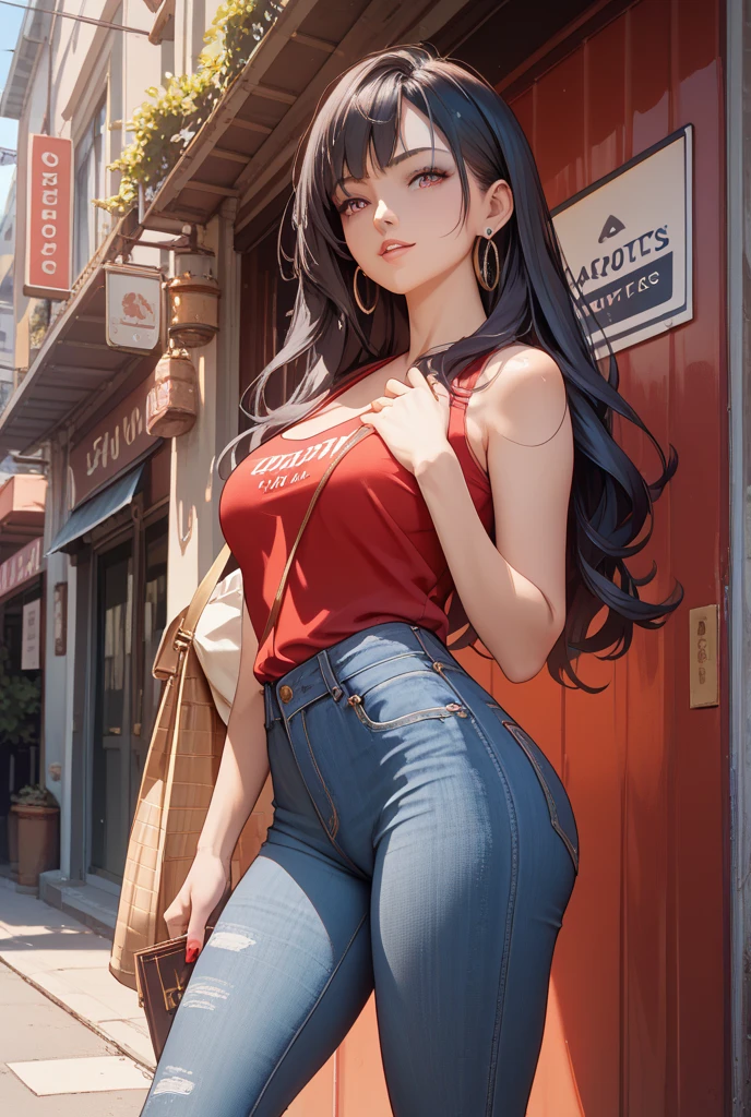 (masterpiece, best quality, ultra-detailed, 8k, wallpaper, photorealistic), (wide shot, from behind), beautiful girl, voluptuous body, perfect hands, (hmjy1), long hair, (blunt bangs), red eyes, psycho smile, excited smile, open mouth, erotic face, red face, bloodthirsty smile, (wear High-Waisted Denim Shorts, Crop Top), Espadrille Wedges, Layered Necklaces, Crossbody Bag, Sunglasses on her head