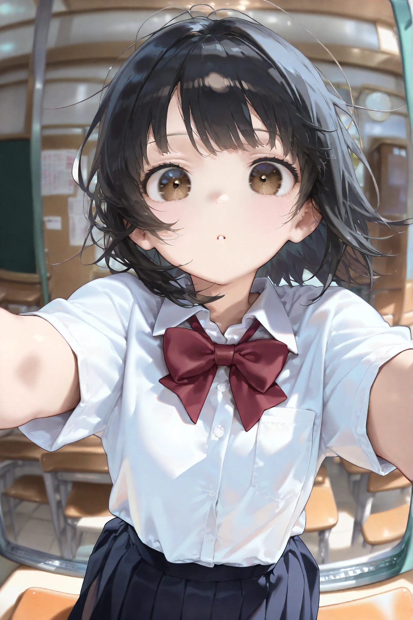 1girl, japanese, wearing seifuku japanese high school uniform, short black hair, brown eyes, japanese features, round monolid eyes, round face, japanese eyes(masterpiece:1.2), (best quality:1.2), (very aesthetic:1.2), (absurdres:1.2), (detailed background), newest, perfect anatomy