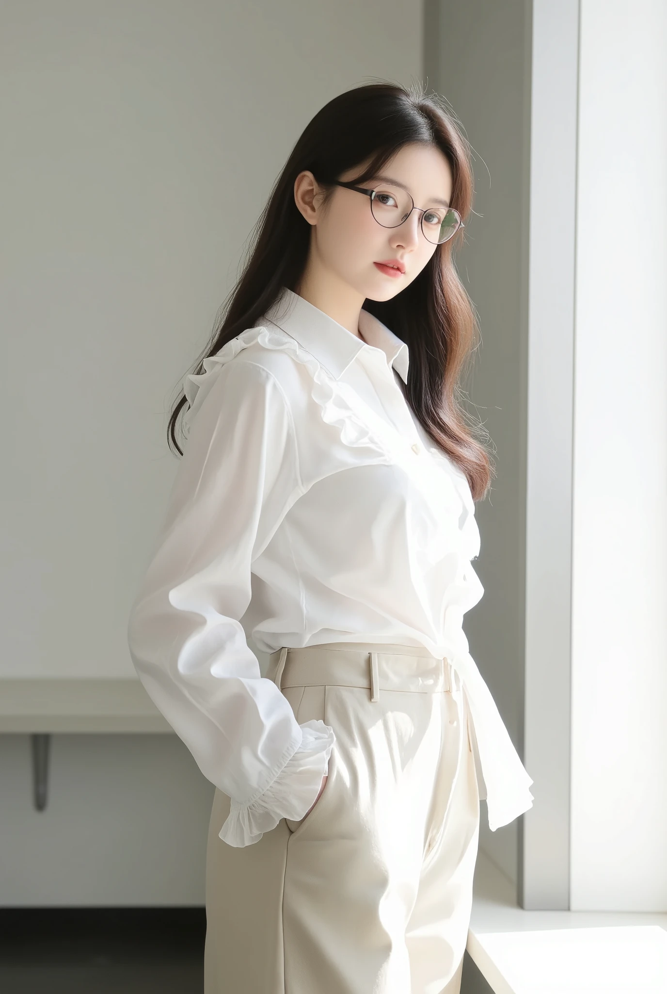 An intelligent Japanese woman wearing glasses。 college student 。long dark brown hair。With white frills、Long-sleeved shirt with slightly visible chest、simple chinos。Big Breasts、big butt。