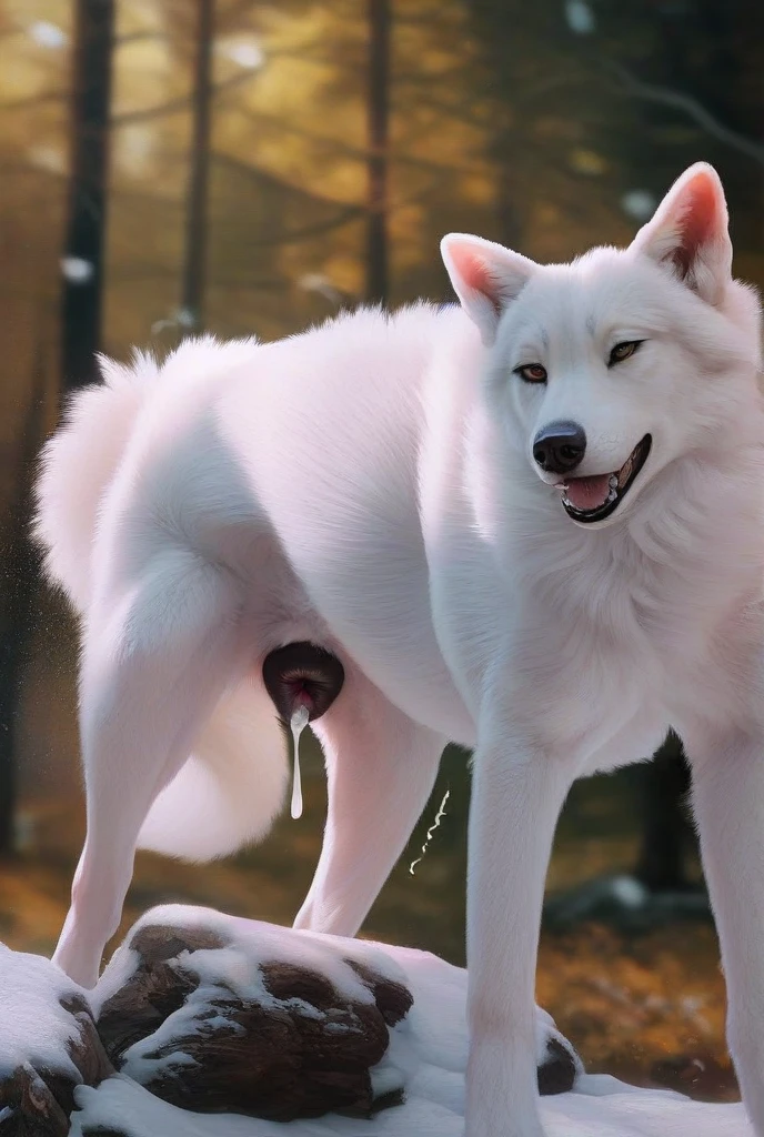 (fur:1.5), (fuzzy:1.5), (by marjani), (by sabuke), solo, (feral:1.6), CANINE, sidewalk, forest pond, brown wolf, long fur, very fluffy neck, thick tail, long snout, long ears, short stubby body, ((huge butt)), anatomically correct, (detailed lips wrinkle), female, raised tail, rear view, full-length portrait, morning, absurd res, in heat, (barely visible butt hole), raise butt, (posing for viewer), cute pose, eager, looking at viewer, one leg up, huge balls, (huge canine penis), penis tuck, ejaculating, head up, mouth, saliva, visible breath, butt up
