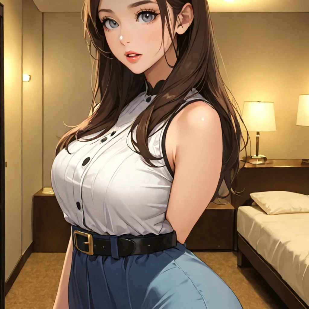 ((tmasterpiece,best qualtiy,ultra - detailed)),POV,(Bedrooms),Morning,(rays of sunshine),janelas,closed curtains,mostly cloudy sky,view over city,1girll,黑The eye,Medium hair,Black hair,((Messy white shirt)),black lence stockings,(sit on a bed),(Scratch your cheeks),(waking up),full bodyesbian,Flooring,HDR,Large breasts,Expose cleavage