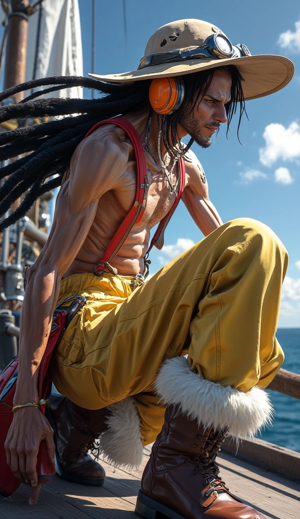 Hilichurl man, hilichurl mask, hairy body, muscular, white long socks on feet, black underwear, big bulge, ocean scenery, socks in Feet, lying with hands behind head, hair in armpit.