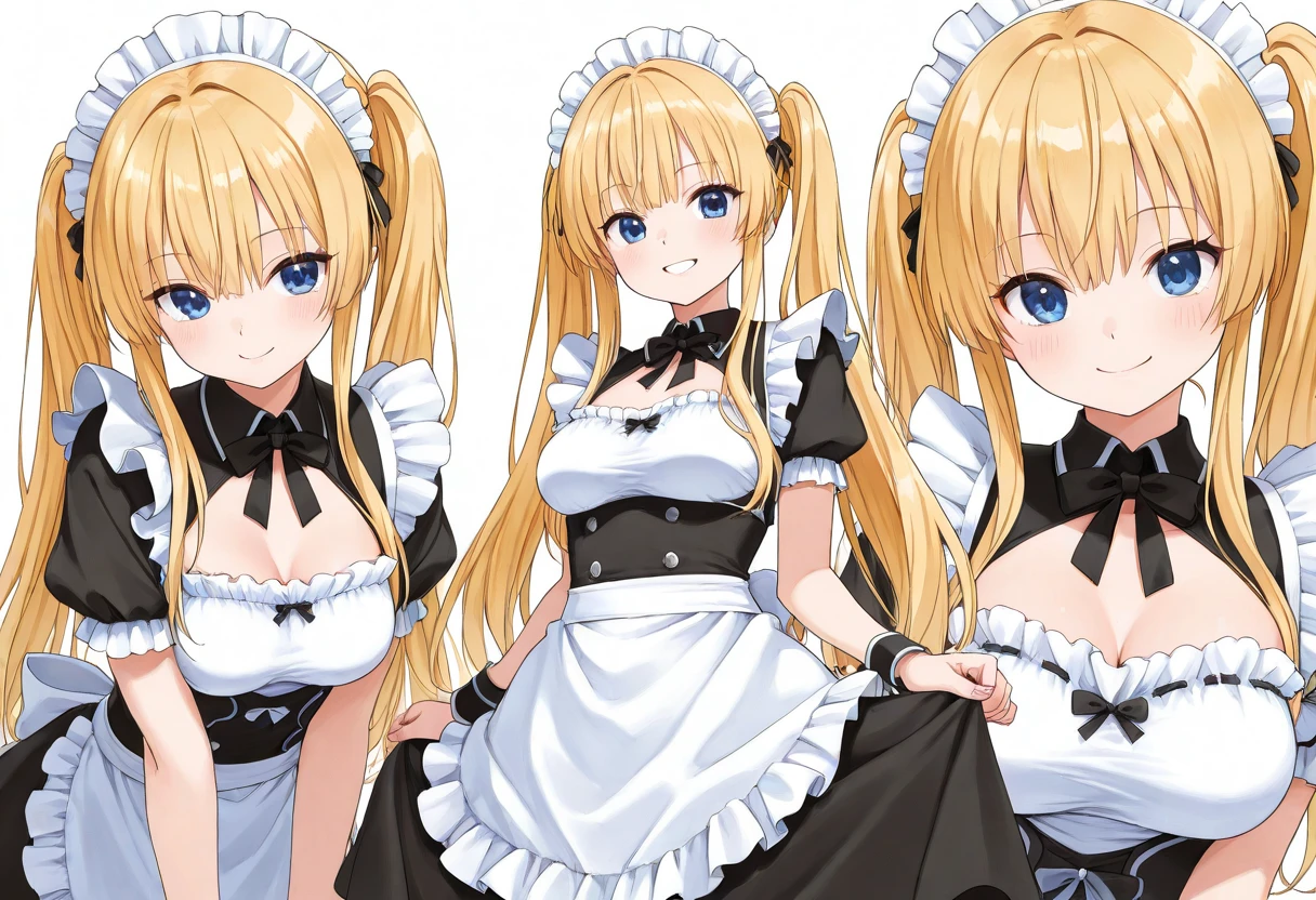 1girl, blonde hair, red eyes, long hair, maid dress, clenching hands together, emotionless, expressionless, looking t the viewer, beautiful eyes, red eyelashes, simple background, character sheet, multiple views, thick outline style, anime style, thick, big breasts, j-cup breasts