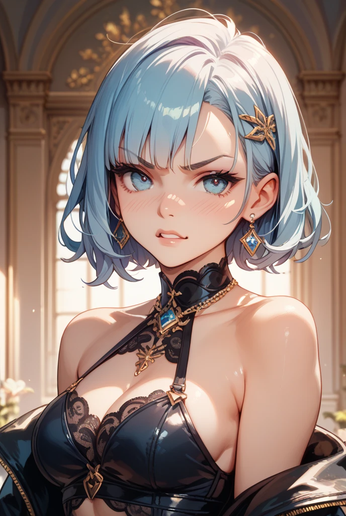 RAW, professional photograph, medium shot, photorealistic, hyper-realistic, ray tracing, super detail, UHD, 8k, female elf, twenty years old, goddess, gold jewelry, athletic body, soft facial features, braided hair, long hair, light blue hair, blue eyes, gothic style, dark dungeon, gothic architecture