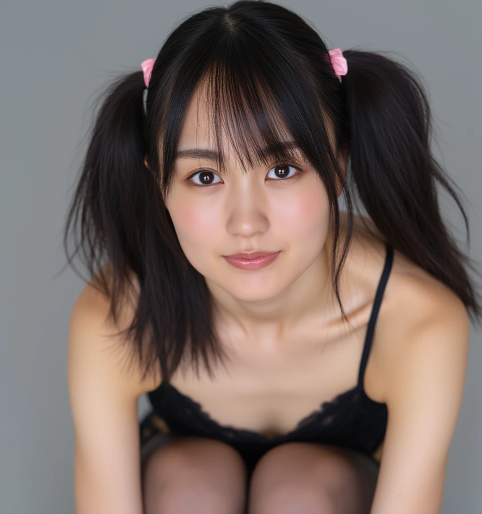 ollarbone,black t-shirt,off-shoulder look,bare shoulder,midriff peek,string panties,,open mouth,tongue out,cum on tongue,standing,Selfie,looking ahead,from above,flont view,cowboy shot,(1girl,Beautiful 14 year old girl),((Slender,Small breasts,Small face,)),looking at viewer,Black Hair,bangs,one side up,Beautiful and detailed,Mischievous smile,Dimly lit room,Simple Background,Black background,Low lighting