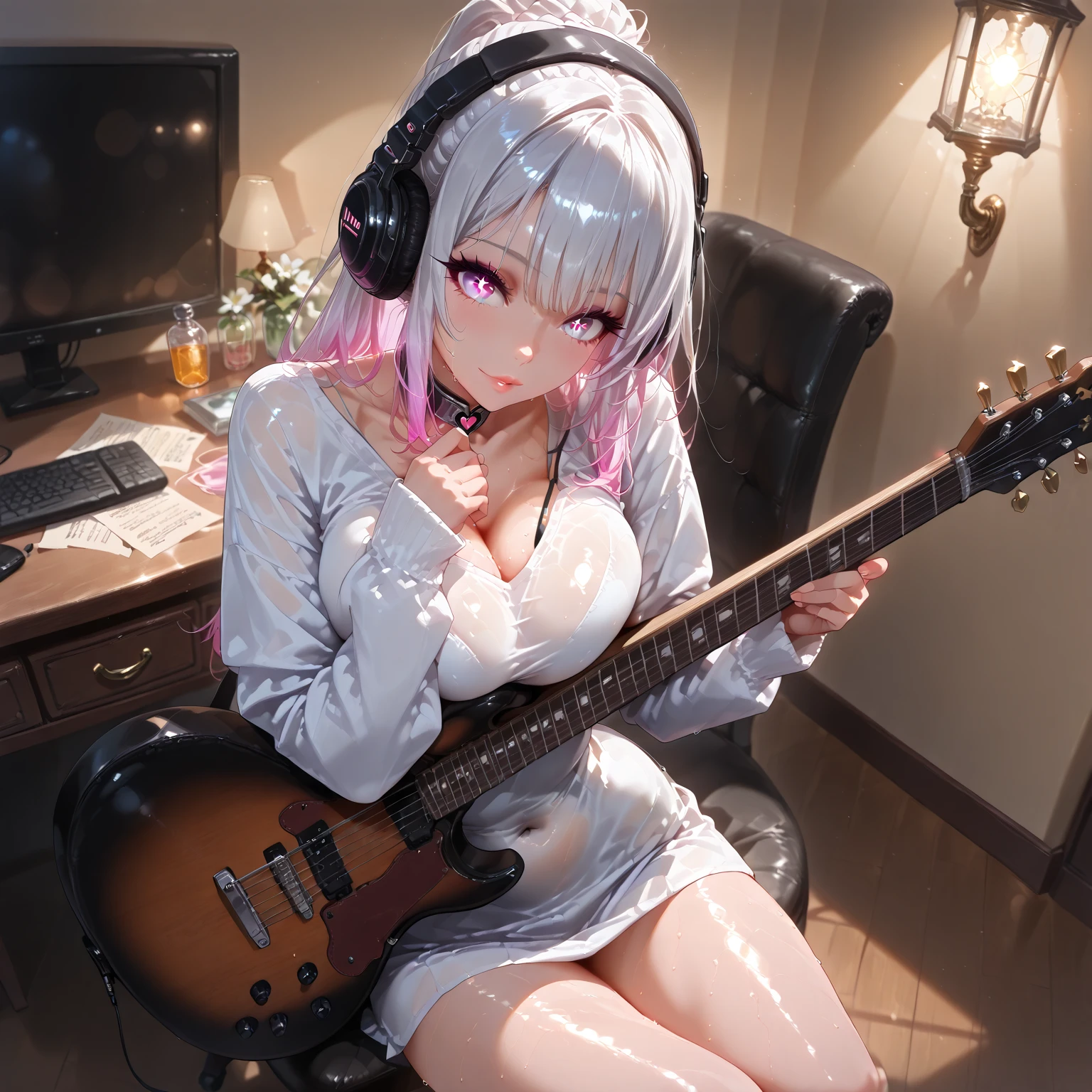 (1boy:1.2), (1girl:1.2), (licking my dick:1.2), (holding penis:1.2), masterpiece, best quality, ultra detailed, bedroom, on bed, blush, Long Hair, Wearing headphones, Pink Hair, (nude:1.3)
