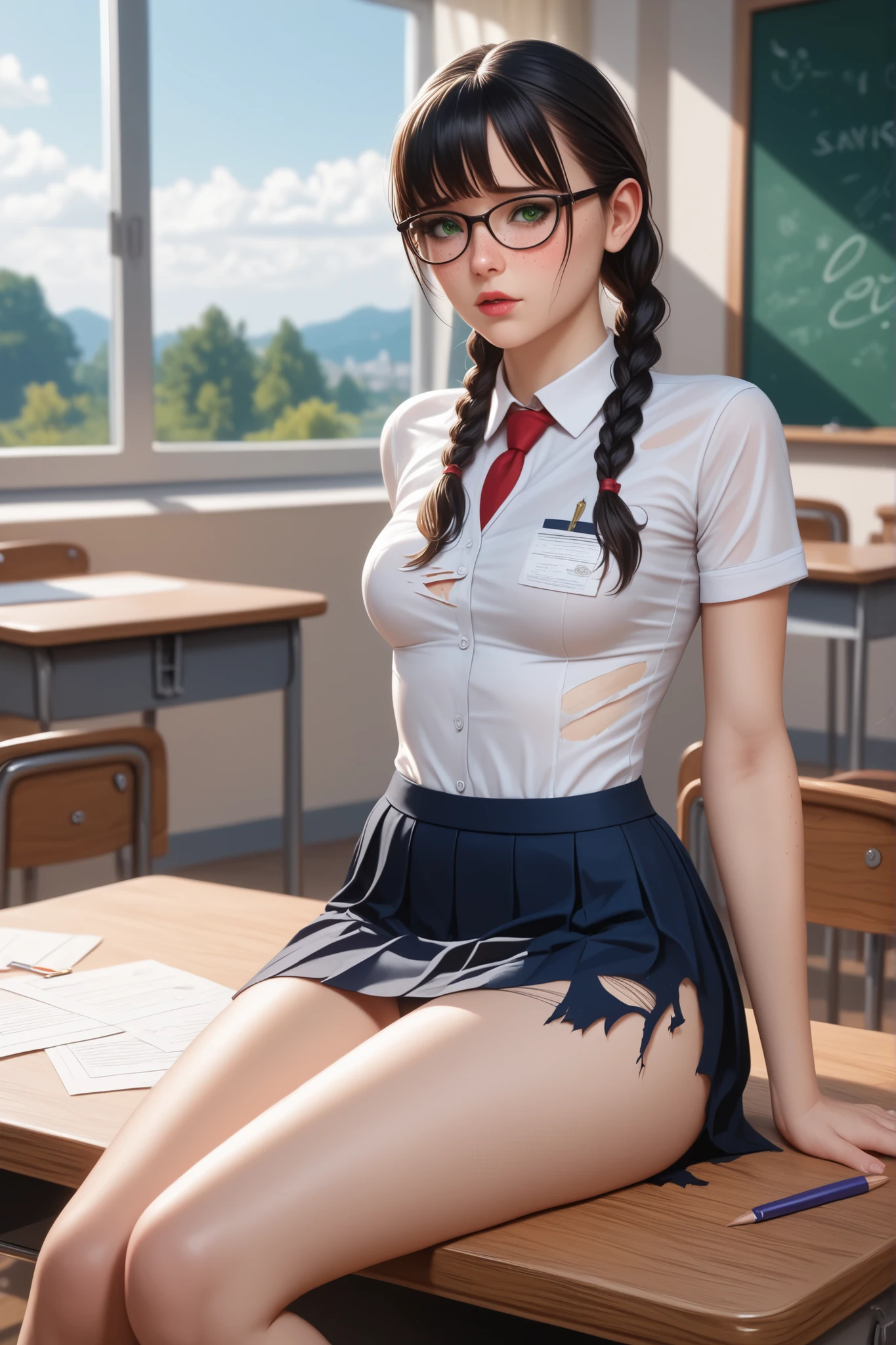 masterpiece, best quality, amazing quality, very beautiful, Absurd, latest, scenery, anatomically correct, 16k, UHD, accurate, expressive, {{1girl solo}}, illustration, masterpiece, ultra-detailed, {{detailed shading, detailed skin}}, {{realistic skin}}, BREAK, detailxl, Details, high definition, 8k, Ultra High Resolution, soft saturation, professional quality, perfect contrast, Anatomically Accurate, glasses, pigtails, braids, black hair, school uniform, damaged clothes, green eyes, torn clothes, classroom background, hips and thighs focus, slim body, freckles, young woman, shy, sitting on a desk, modest expression, torn uniform